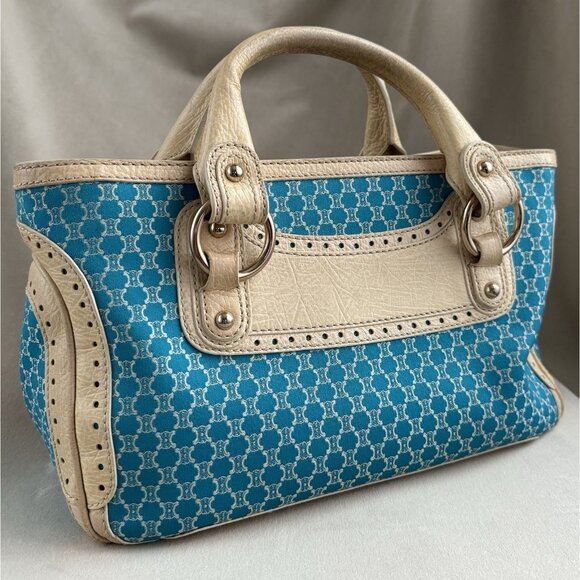 Céline Macadam Canvas Cream Leather Hand Bag Aquamarine Blue Purse - Picture 3 of 15